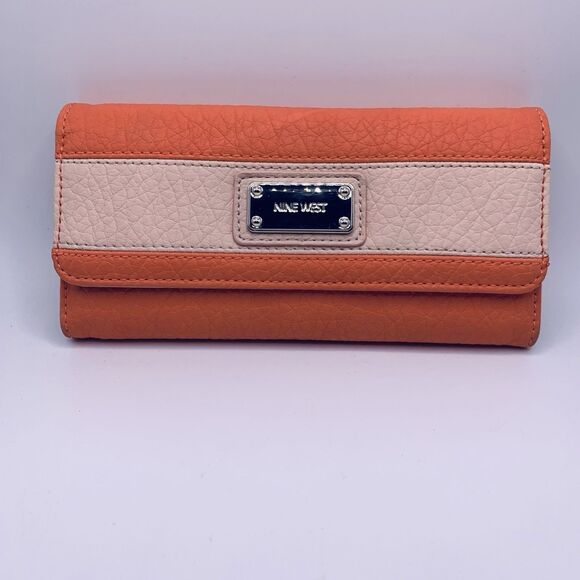 Nine West Womens Trifold Organizer Wallet Orange Tan Credit Cards Checkbook - Picture 1 of 12